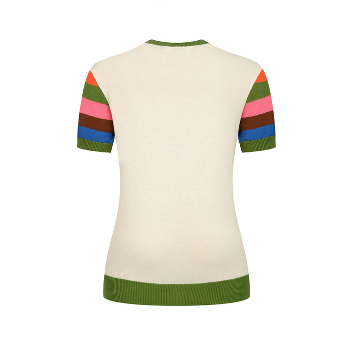 T-shirt de Malha Feminina com Risca Pop Damasco dos Anos 70 e Borboleta Bordada