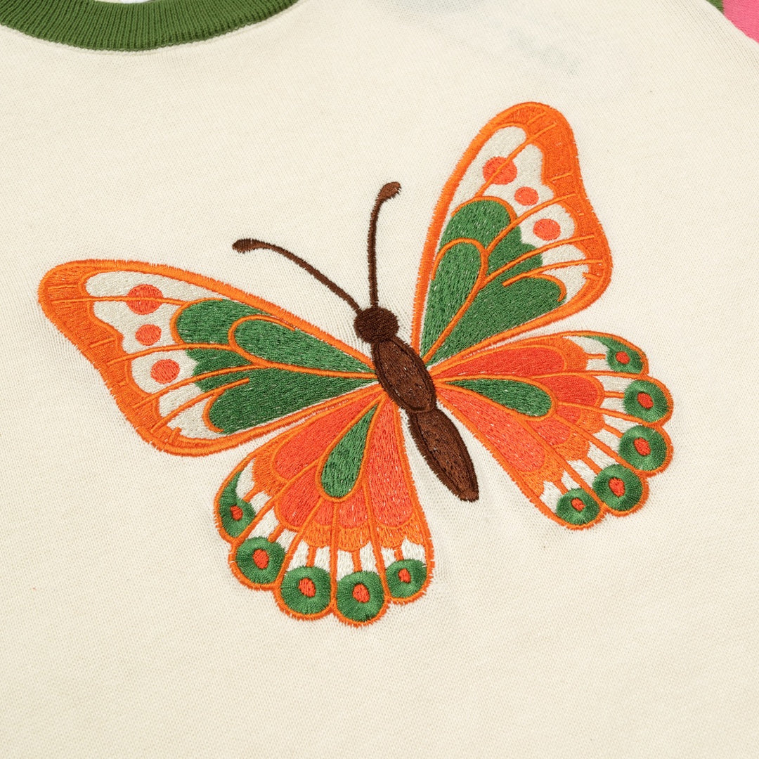 T-shirt de Malha Feminina com Risca Pop Damasco dos Anos 70 e Borboleta Bordada