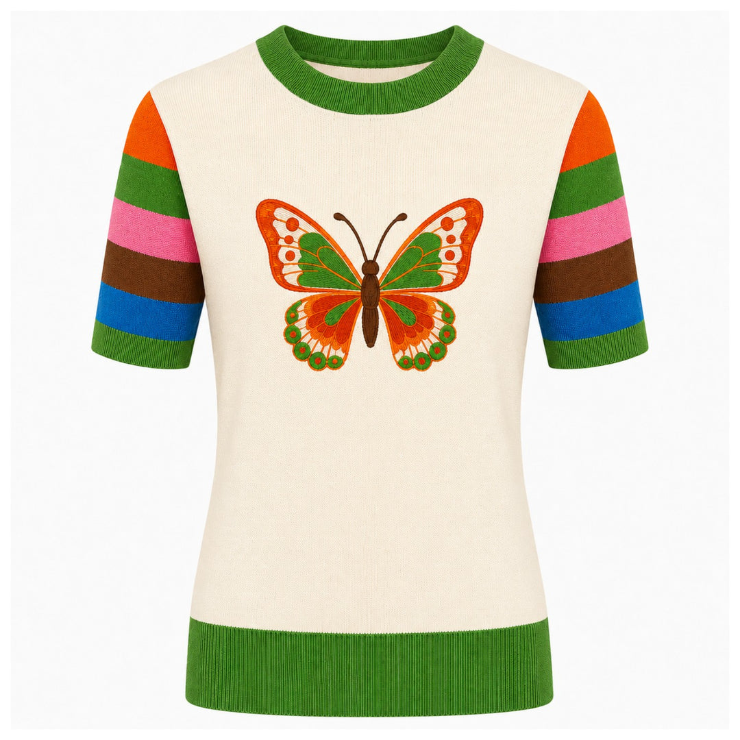 Women's 70s Apricot Pop Stripe Butterfly Embroidered Knit T-Shirt