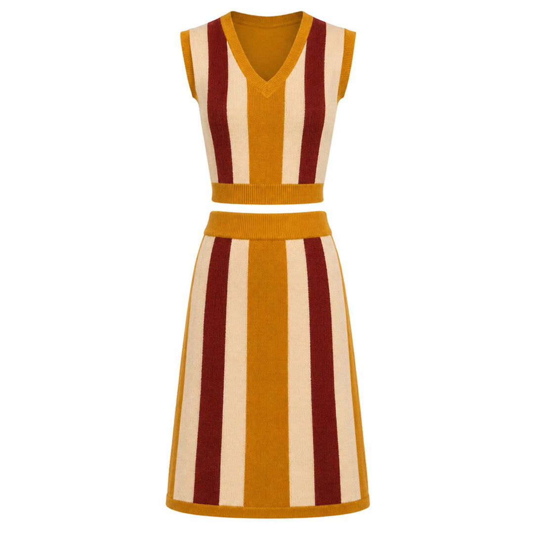 Conjunto de Vestido con Tirantes y Polo de Punto a Rayas con Bloques de Color de los 70 para Mujer