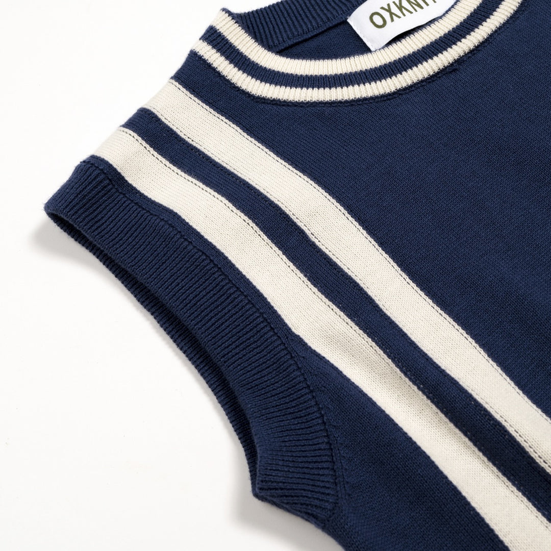 Women's Blue 70s Striped Collegiate Knit Vest Set Dress