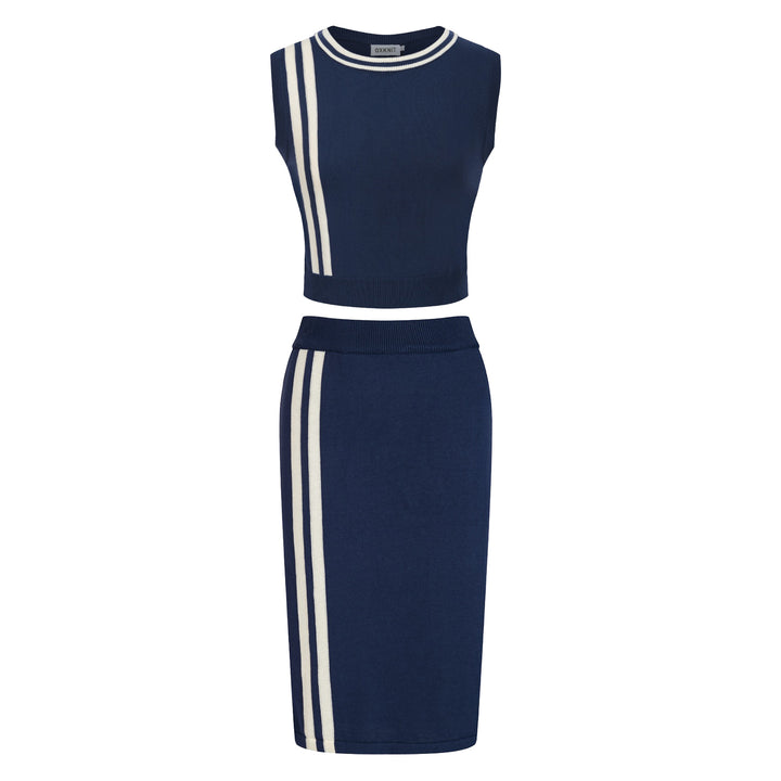 Women's Blue 70s Striped Collegiate Knit Vest Set Dress