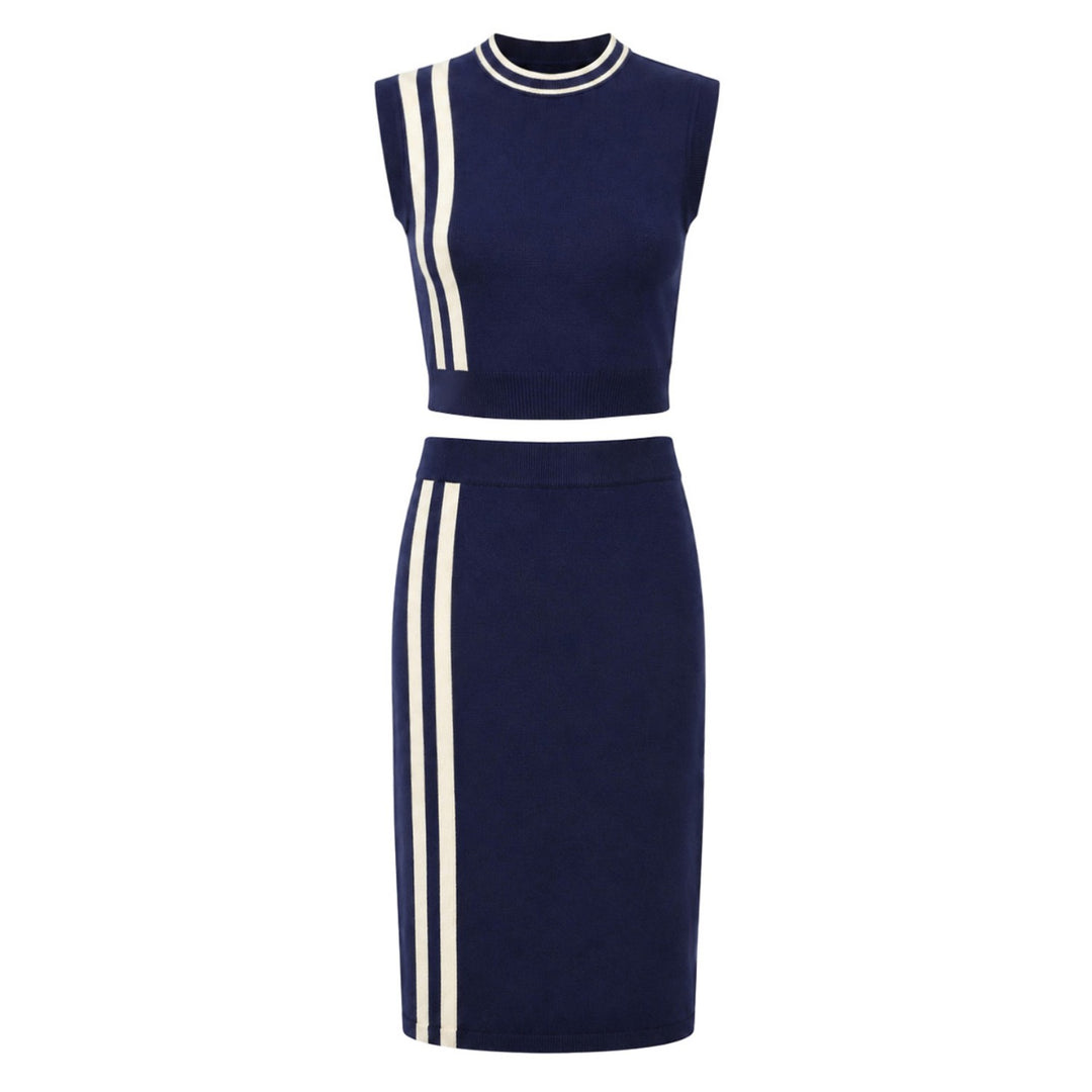 Conjunto de Vestido con Tirantes y Polo de Punto a Rayas con Bloques de Color de los 70 para Mujer