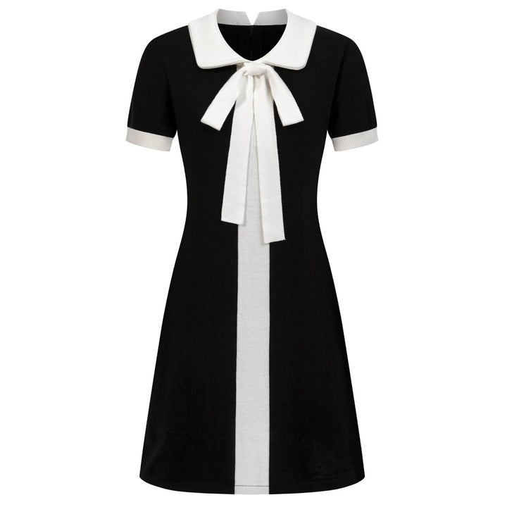 Women's Black 60s Mod Peter Pan Collar Pocket Short-Sleeve Knit Dress