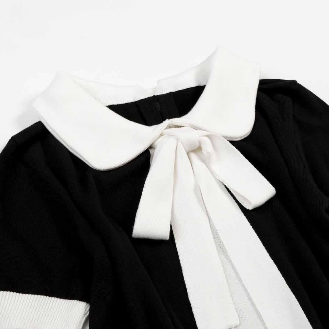 Women's Black 60s Mod Peter Pan Collar Pocket Short-Sleeve Knit Dress