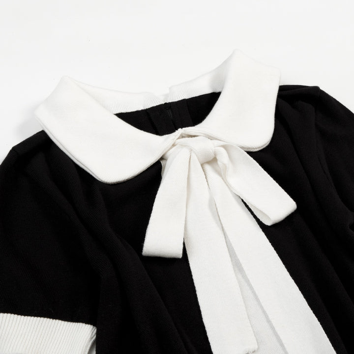 Women's Black 60s Mod Peter Pan Collar Pocket Short-Sleeve Knit Dress