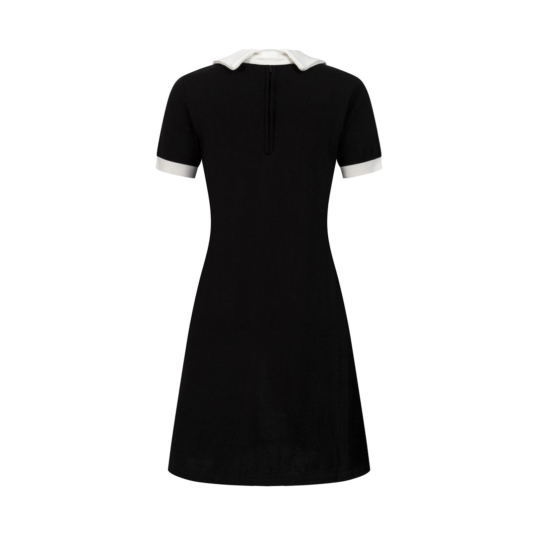 Women's Black 60s Mod Peter Pan Collar Pocket Short-Sleeve Knit Dress