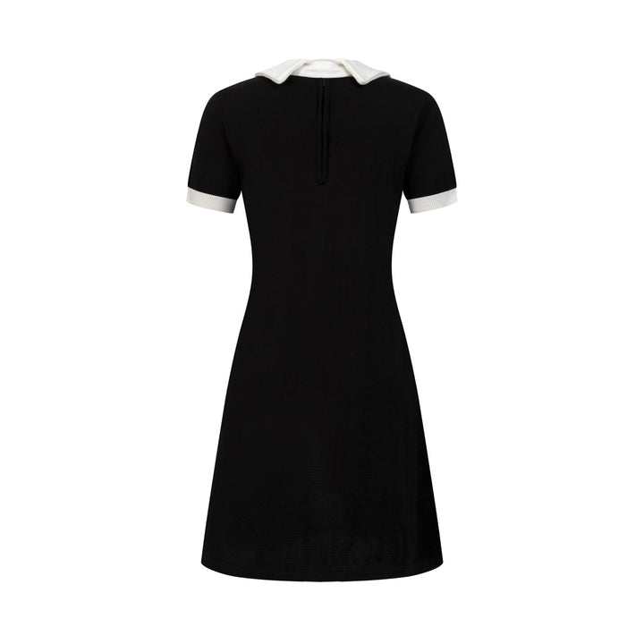 Women's Black 60s Mod Peter Pan Collar Pocket Short-Sleeve Knit Dress
