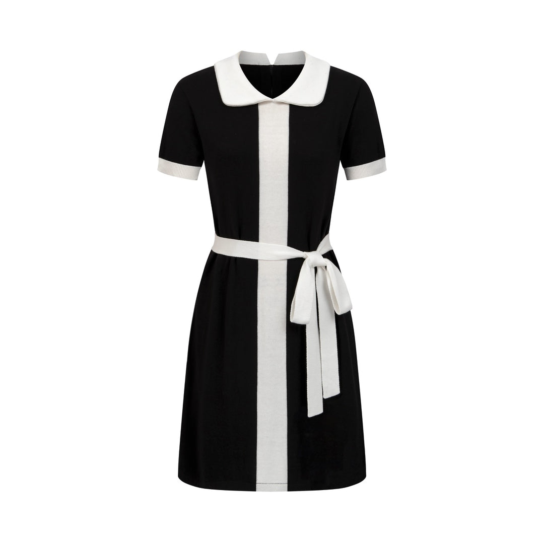 Women's Black 60s Mod Peter Pan Collar Pocket Short-Sleeve Knit Dress