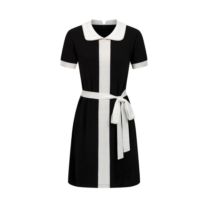 Women's Black 60s Mod Peter Pan Collar Pocket Short-Sleeve Knit Dress