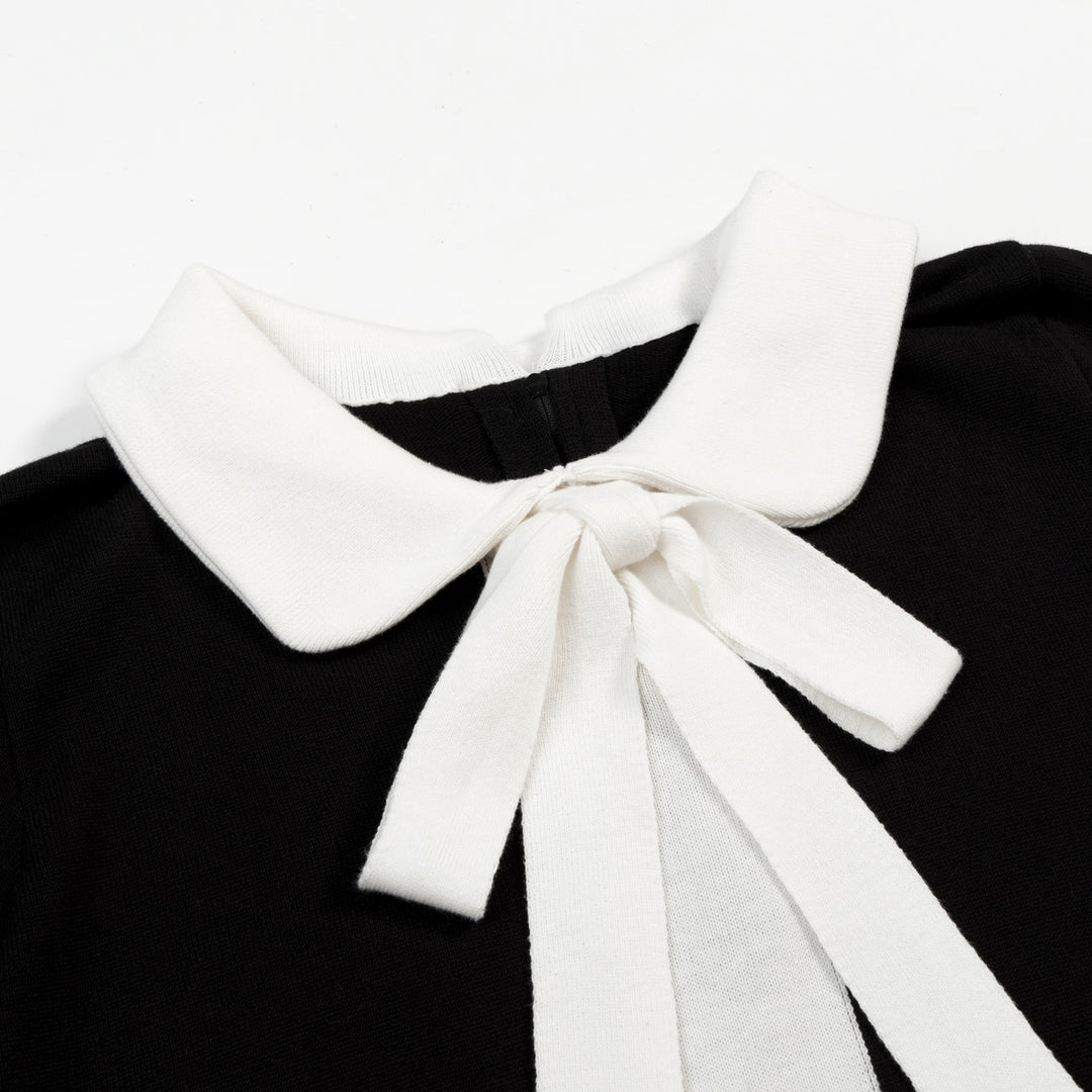 Women's Black 60s Mod Peter Pan Collar Pocket Short-Sleeve Knit Dress
