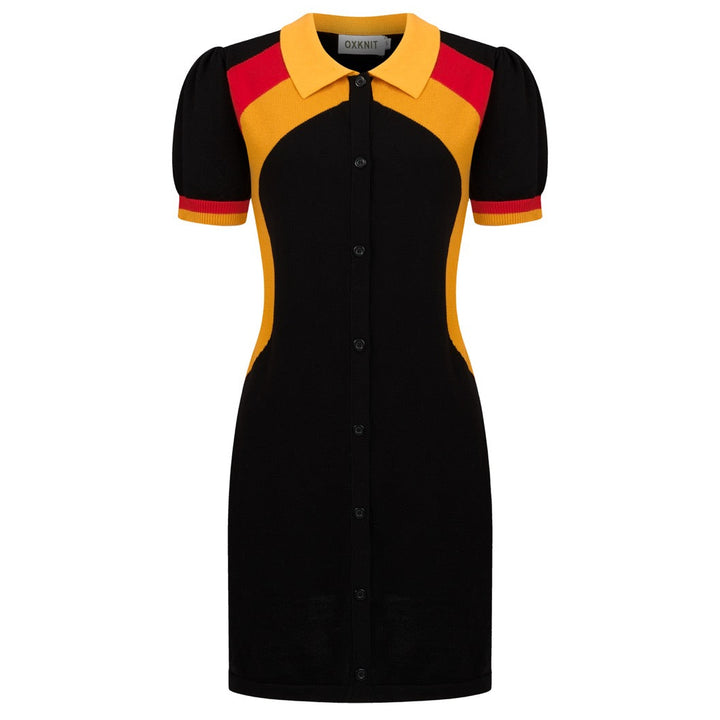 Dames Zwarte 70s Space Age Stijl Korte Mouw Gebreide Jurk met Zak