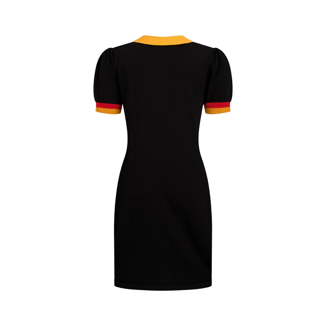 Women’s Black 70s Space Age Style Short Sleeve Knit Dress with Pocket, Black / M