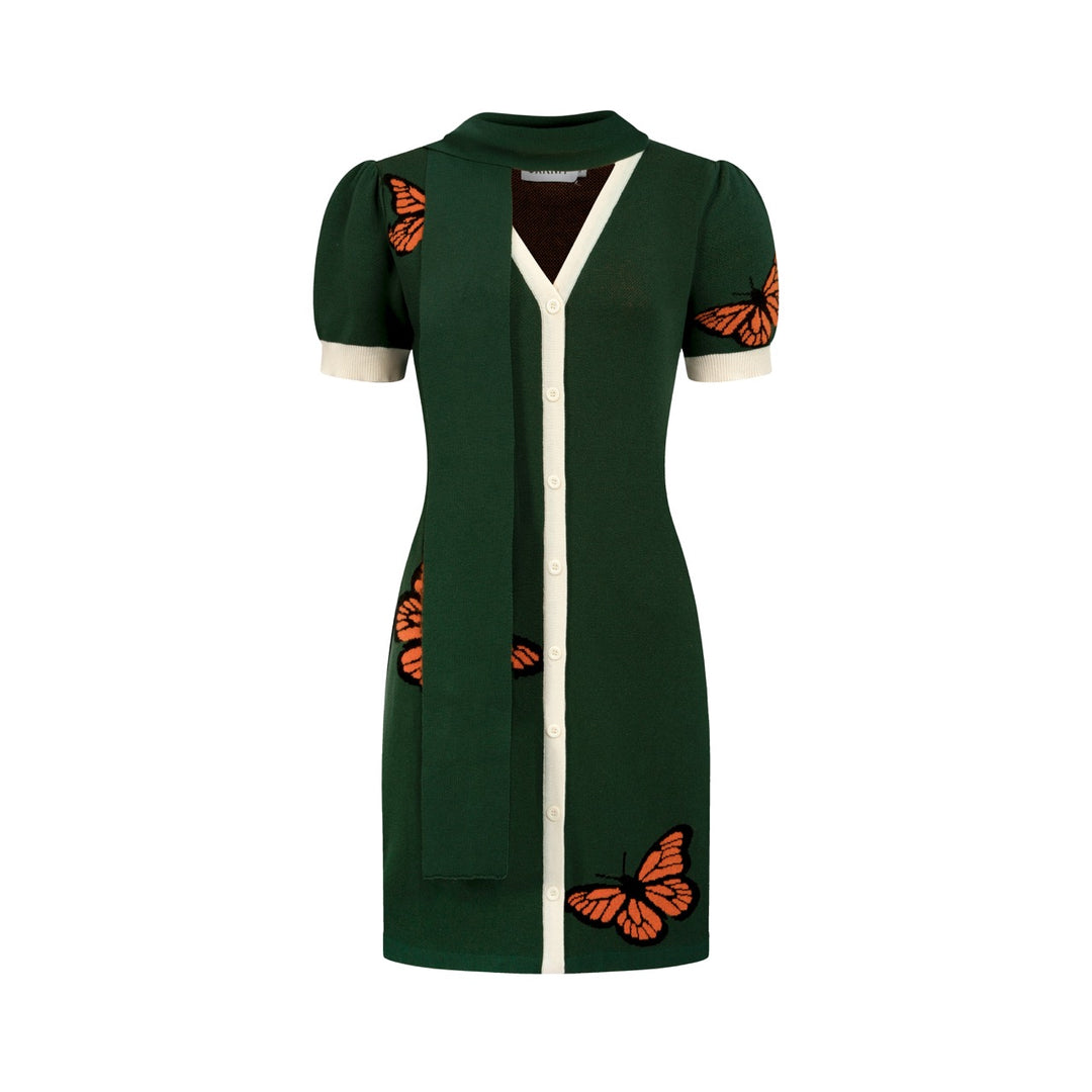 knitted dress with pockets Women’s Deep Green Vintage Cottagecore Style Short Sleeve Knit Pocket types of princess seams