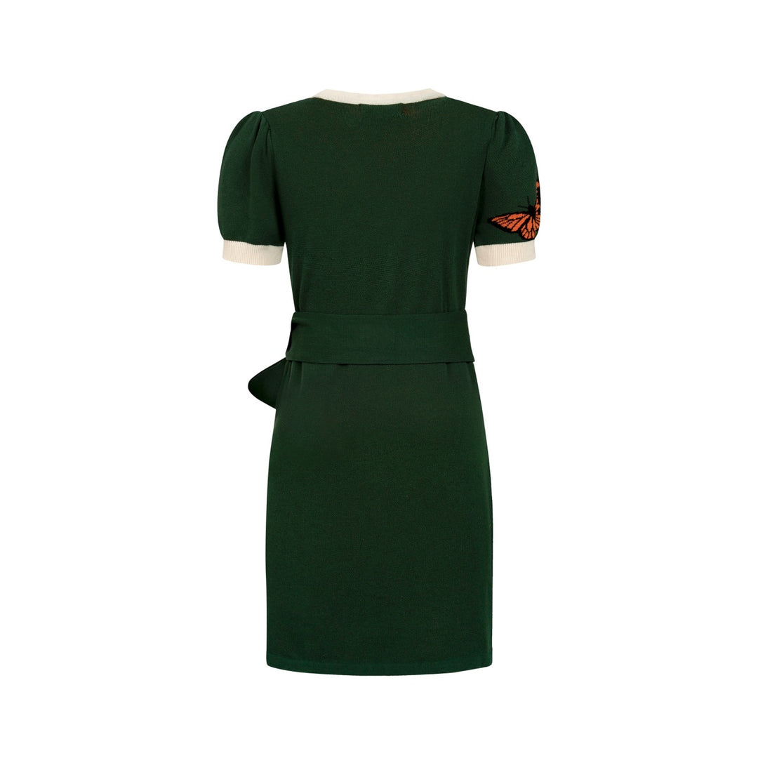 Women’s Deep Green Vintage Cottagecore Style Short Sleeve Knit Dress with Pocket, Green / L