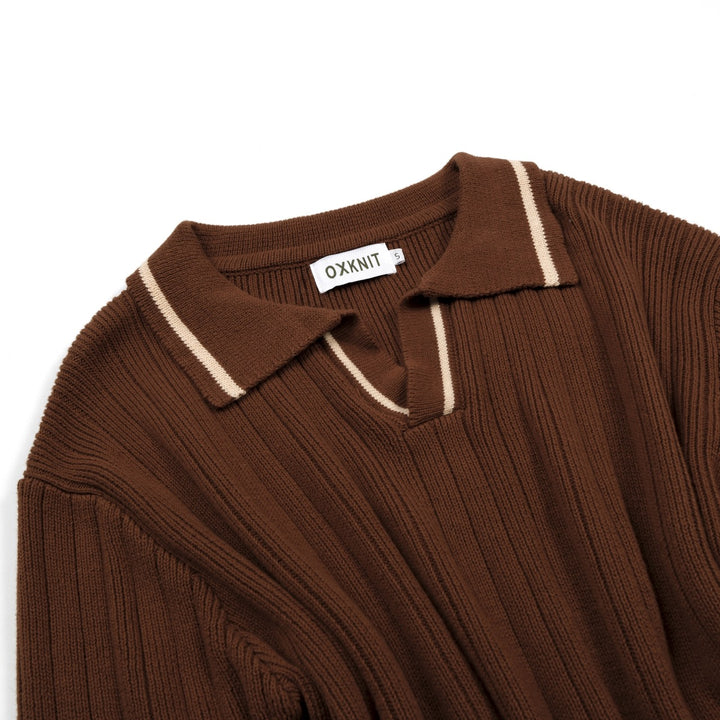 Herre 70'er Mørk Kaffe Italiensk Kyst Resort Strik Polo T-shirt