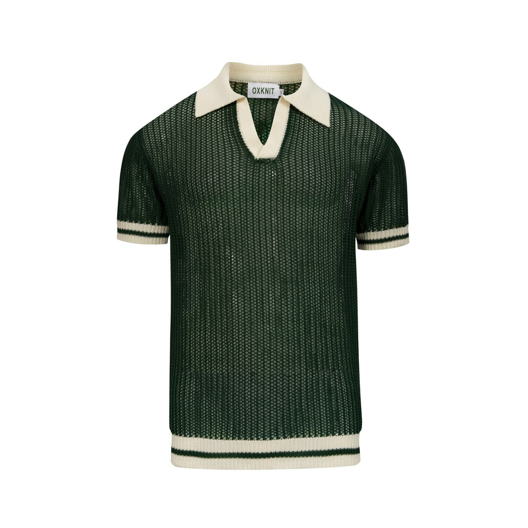 Men’s Green 70s Openwork Resort Knit Polo Collar T-Shirt