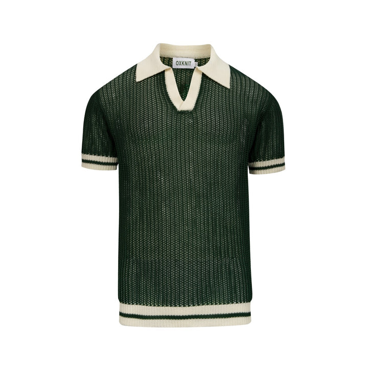 Men’s Green 70s Openwork Resort Knit Polo Collar T-Shirt