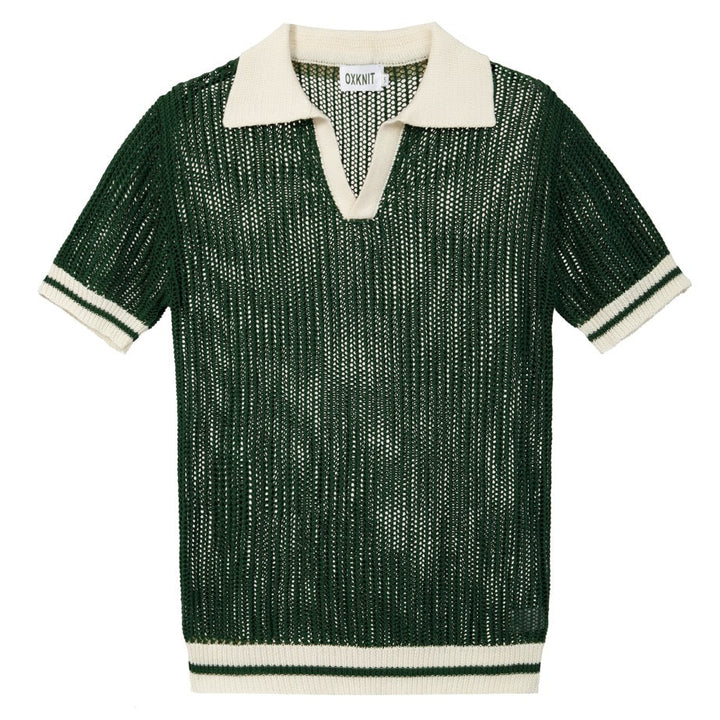 Men’s Green 70s Openwork Resort Knit Polo Collar T-Shirt