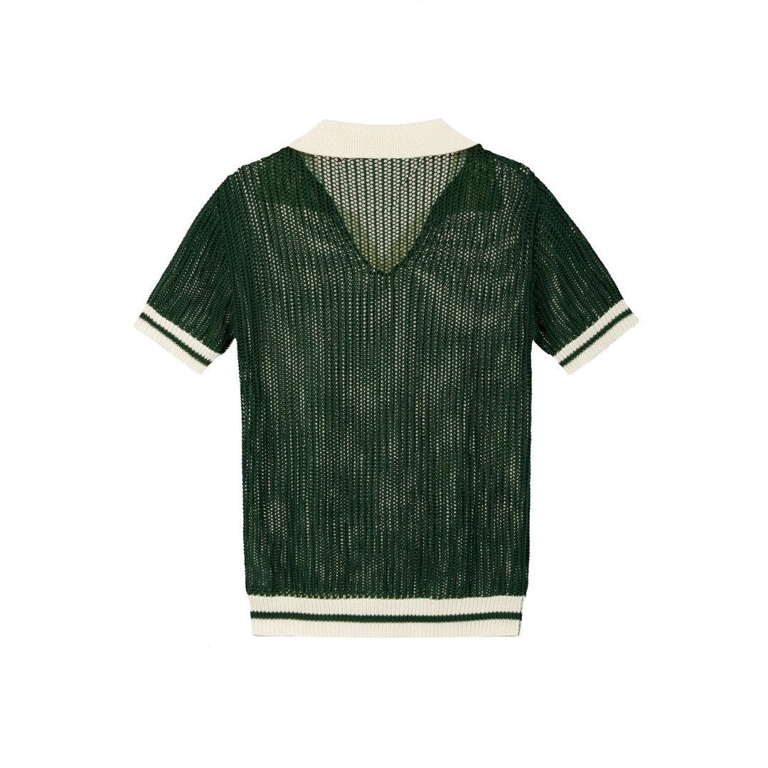 Men’s Green 70s Openwork Resort Knit Polo Collar T-Shirt