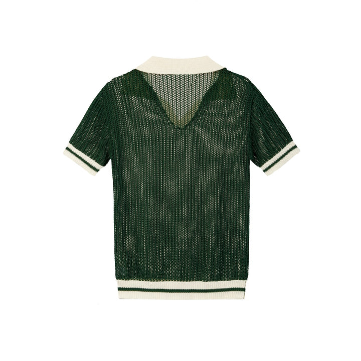 Men’s Green 70s Openwork Resort Knit Polo Collar T-Shirt