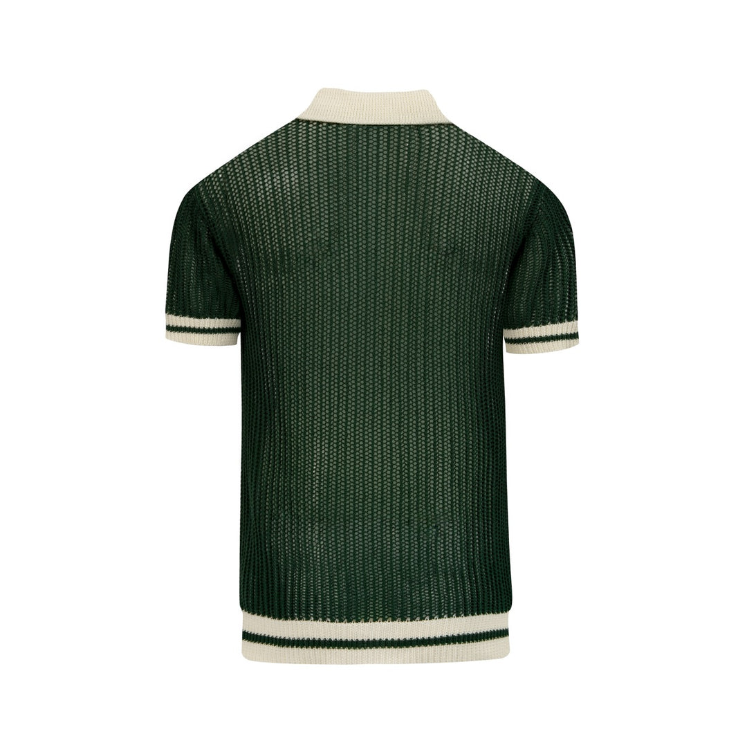 Men’s Green 70s Openwork Resort Knit Polo Collar T-Shirt