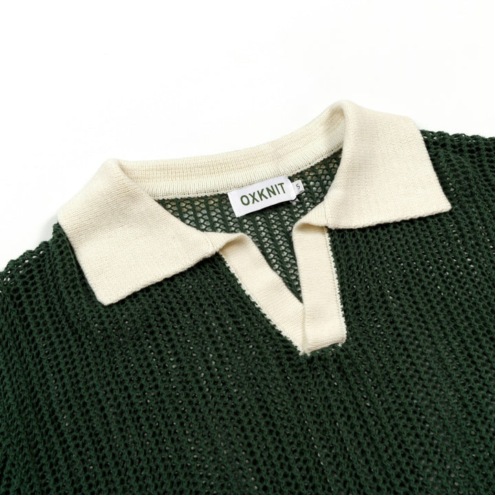 Men’s Green 70s Openwork Resort Knit Polo Collar T-Shirt