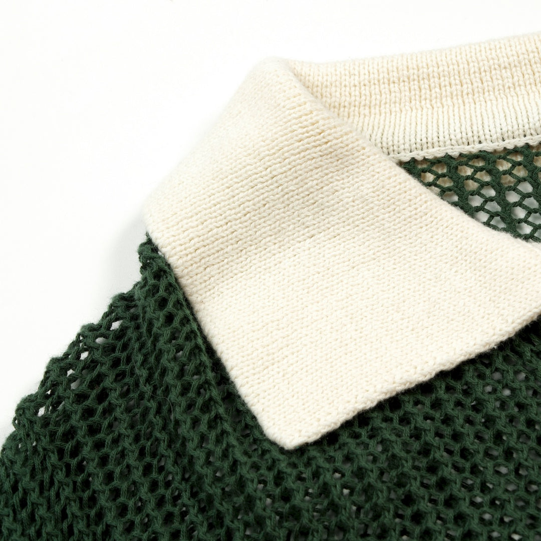 Men’s Green 70s Openwork Resort Knit Polo Collar T-Shirt
