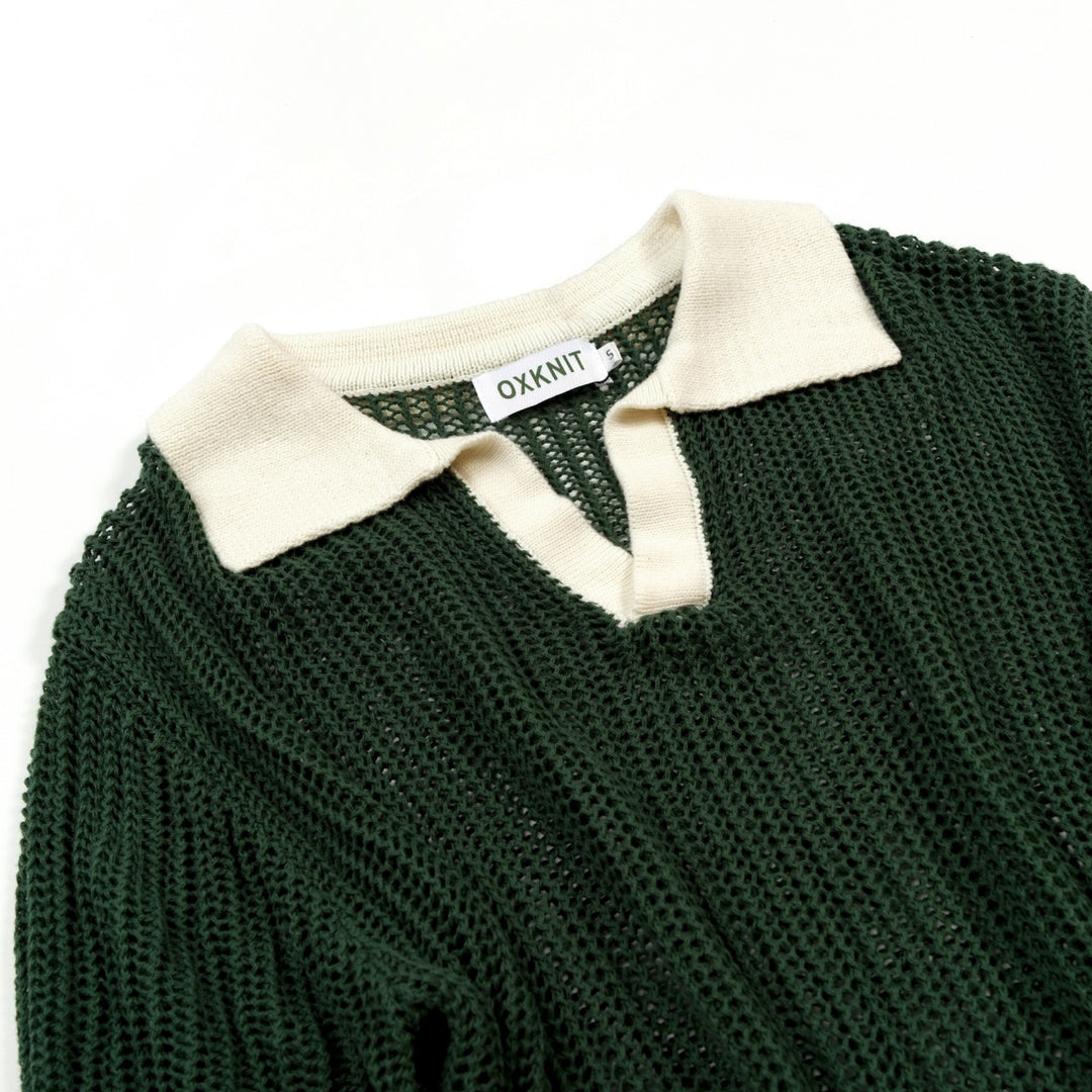 Men’s Green 70s Openwork Resort Knit Polo Collar T-Shirt