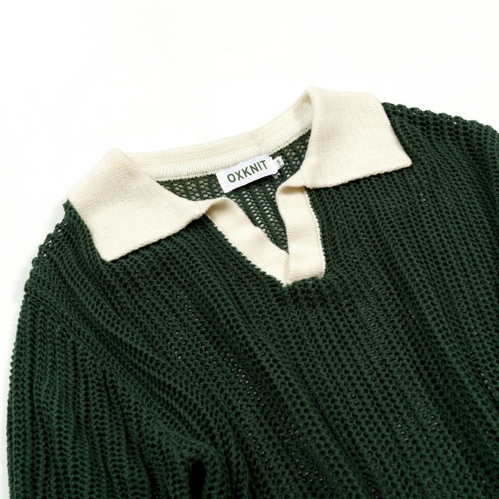 Men’s Green 70s Openwork Resort Knit Polo Collar T-Shirt