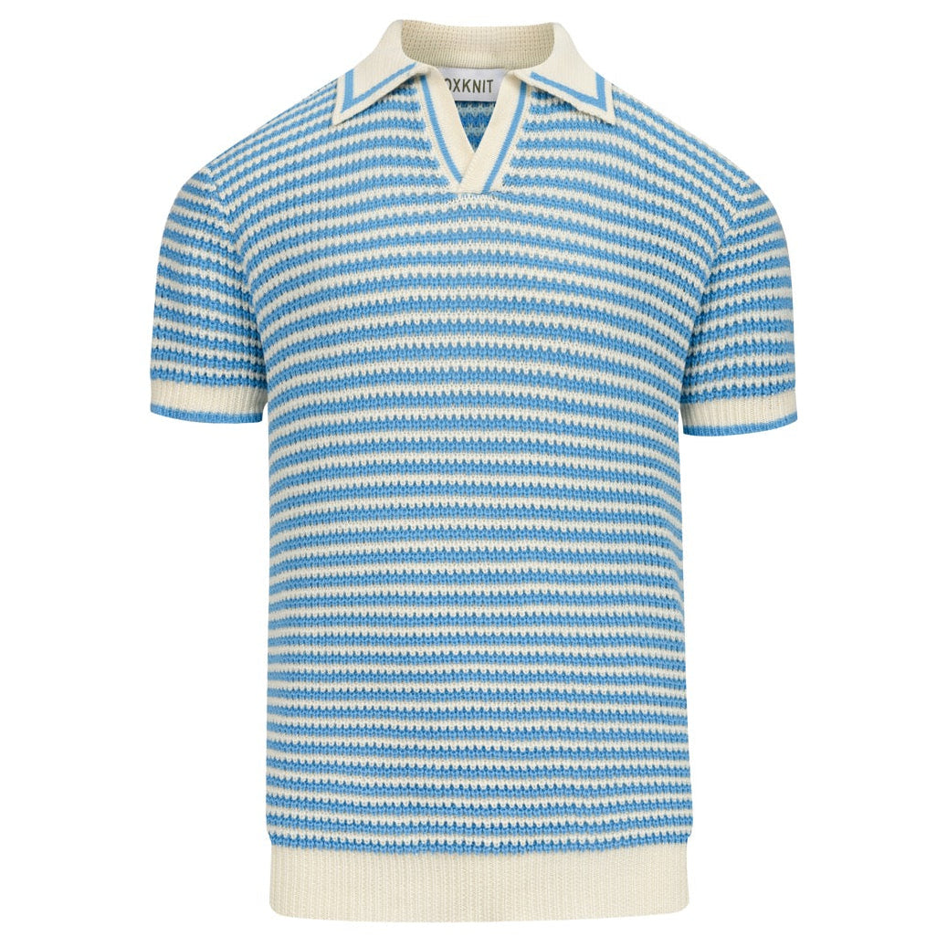 Men’s Blue Vintage Coastal Striped Vacation Style Knit Polo Collar T-Shirt