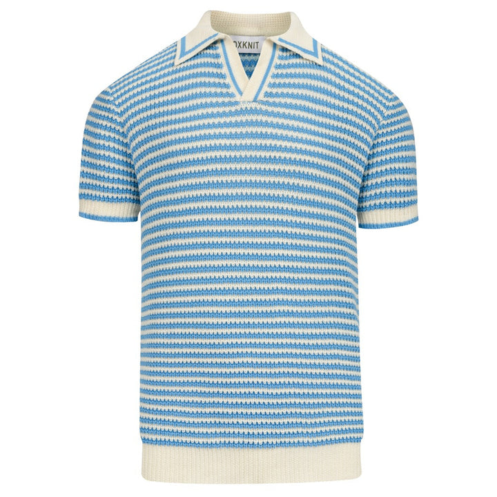 Men’s Blue Vintage Coastal Striped Vacation Style Knit Polo Collar T-Shirt