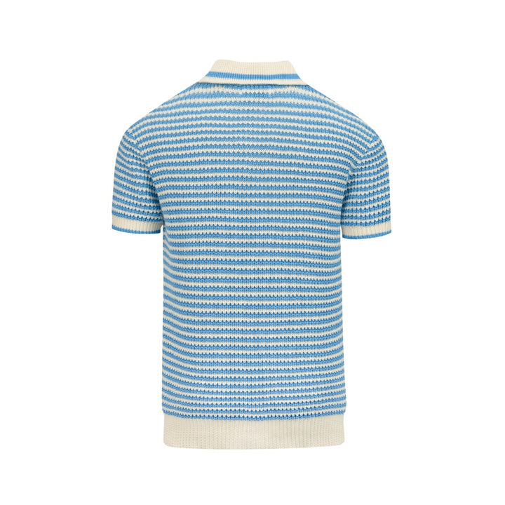 Men’s Blue Vintage Coastal Striped Vacation Style Knit Polo Collar T-Shirt