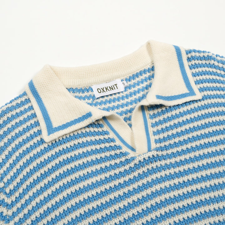Men’s Blue Vintage Coastal Striped Vacation Style Knit Polo Collar T-Shirt