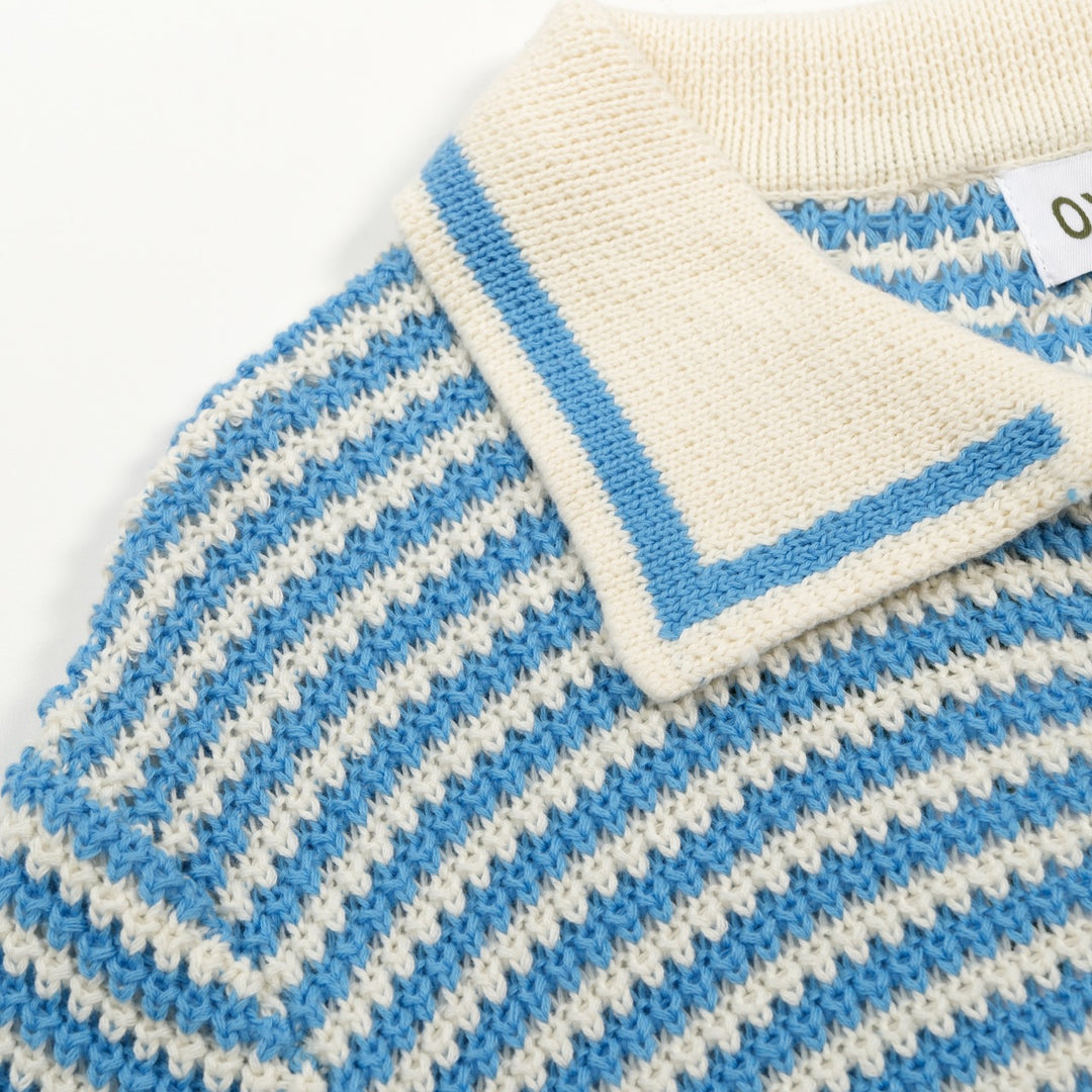 Men’s Blue Vintage Coastal Striped Vacation Style Knit Polo Collar T-Shirt