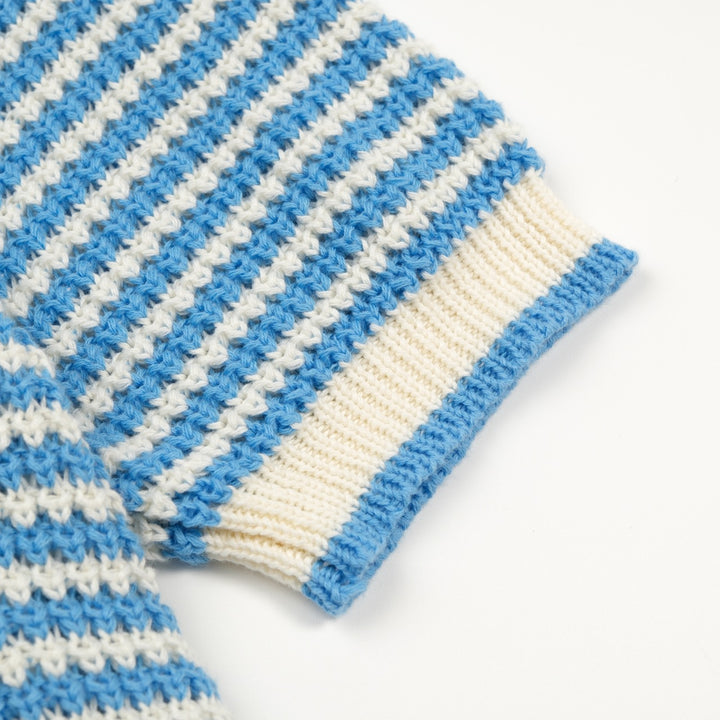 Men’s Blue Vintage Coastal Striped Vacation Style Knit Polo Collar T-Shirt