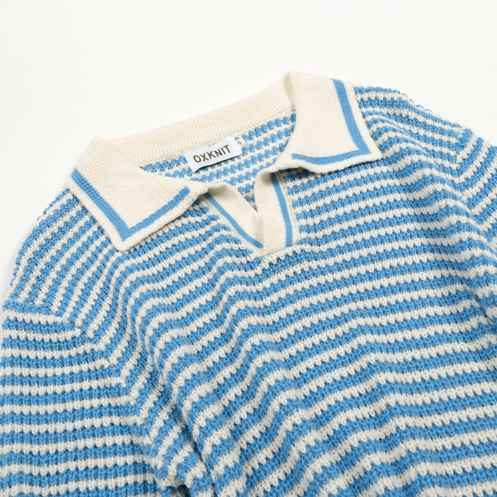 Men’s Blue Vintage Coastal Striped Vacation Style Knit Polo Collar T-Shirt