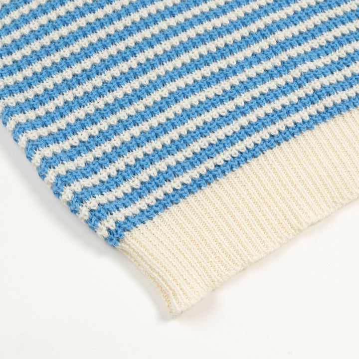Men’s Blue Vintage Coastal Striped Vacation Style Knit Polo Collar T-Shirt