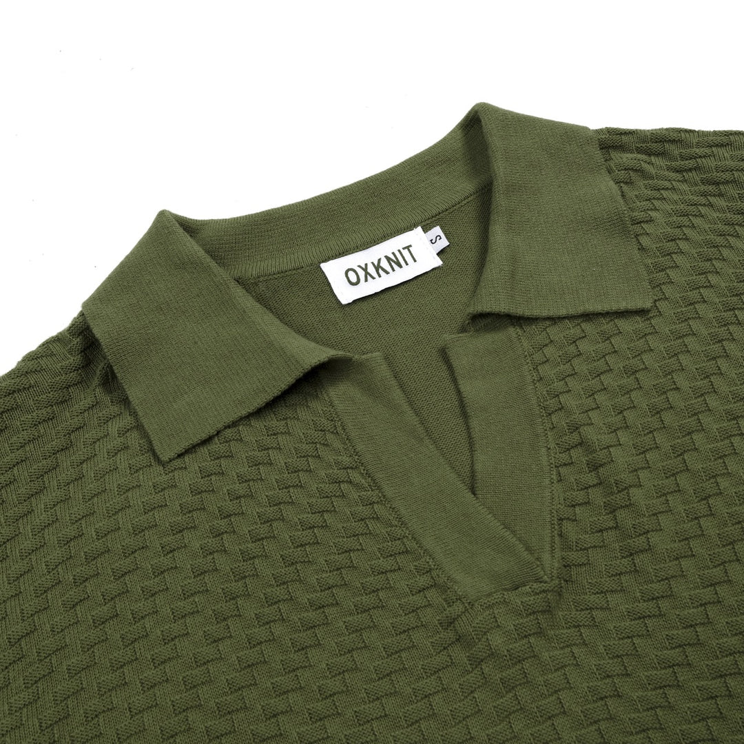 Herren Dunkelgrünes Minimalistisch Gestreiftes Strick-Poloshirt mit Kragen