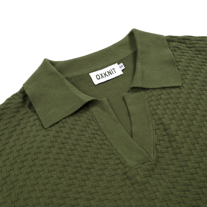 Herren Dunkelgrünes Minimalistisch Gestreiftes Strick-Poloshirt mit Kragen