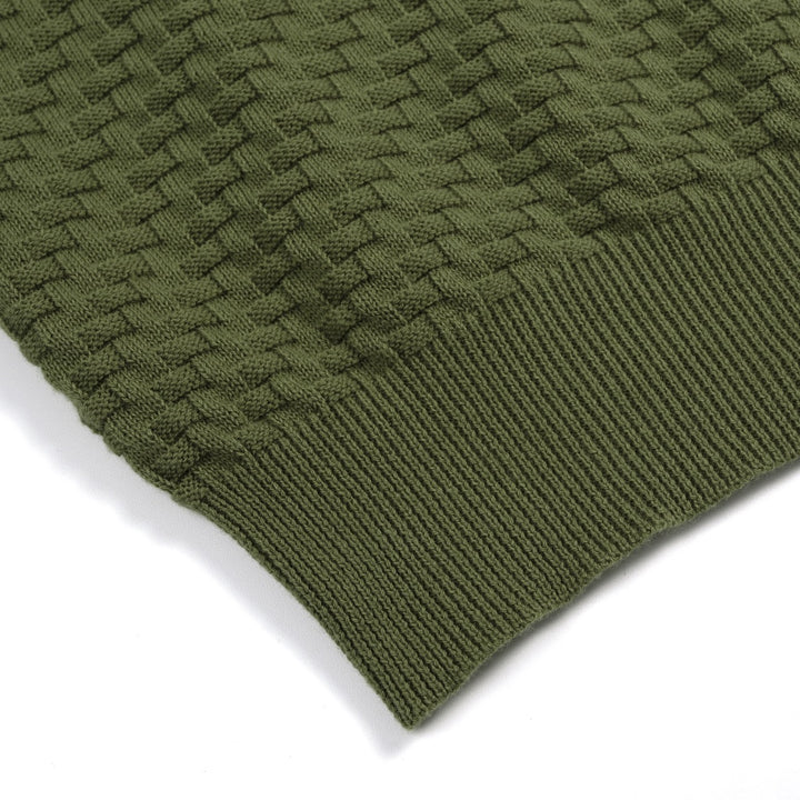 Herren Dunkelgrünes Minimalistisch Gestreiftes Strick-Poloshirt mit Kragen