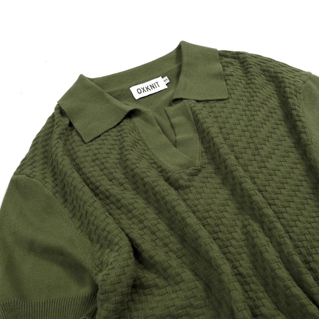 Herren Dunkelgrünes Minimalistisch Gestreiftes Strick-Poloshirt mit Kragen