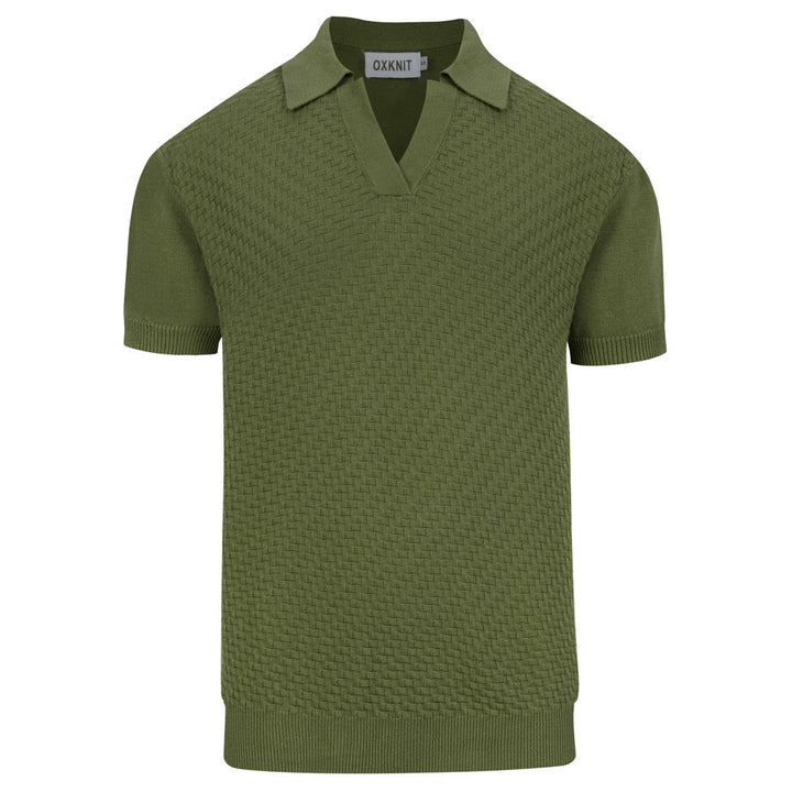 Herren Dunkelgrünes Minimalistisch Gestreiftes Strick-Poloshirt mit Kragen