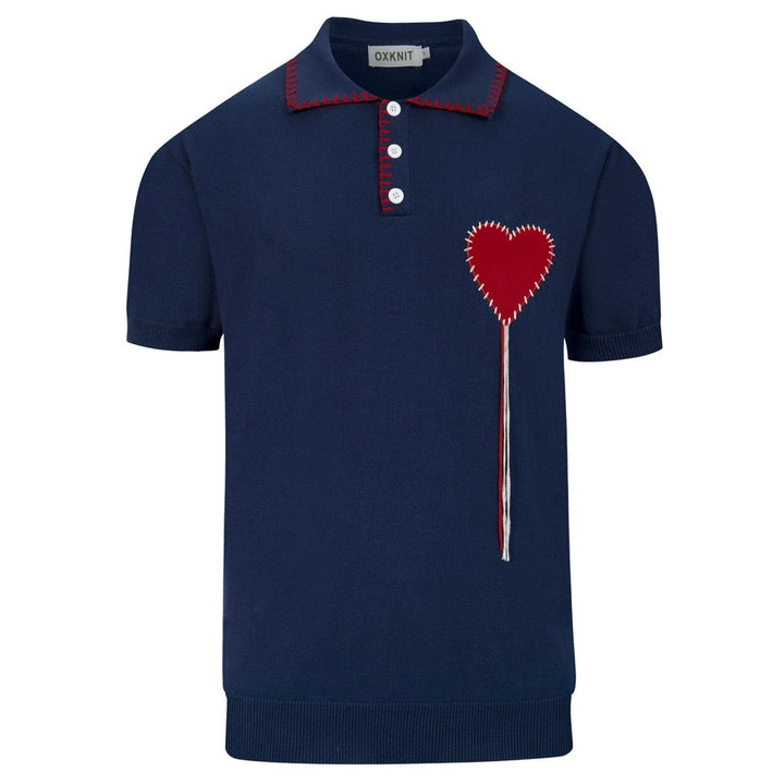 Herren Strick-Poloshirt mit gesticktem Herz in Marineblau