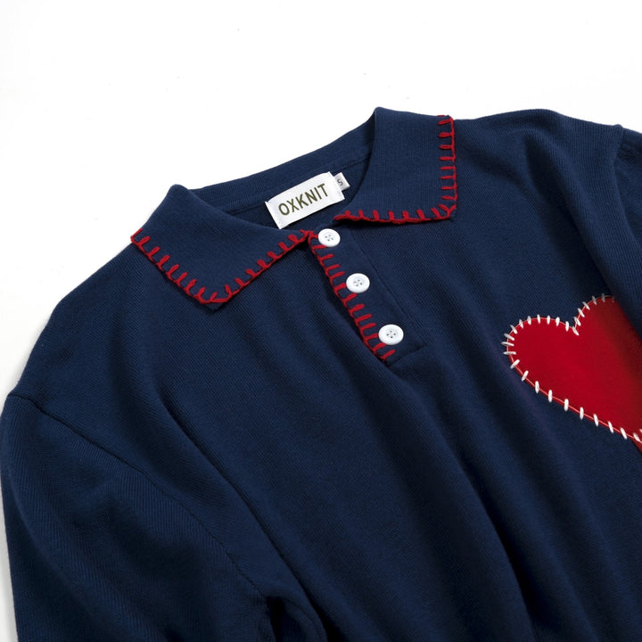 Herren Strick-Poloshirt mit gesticktem Herz in Marineblau