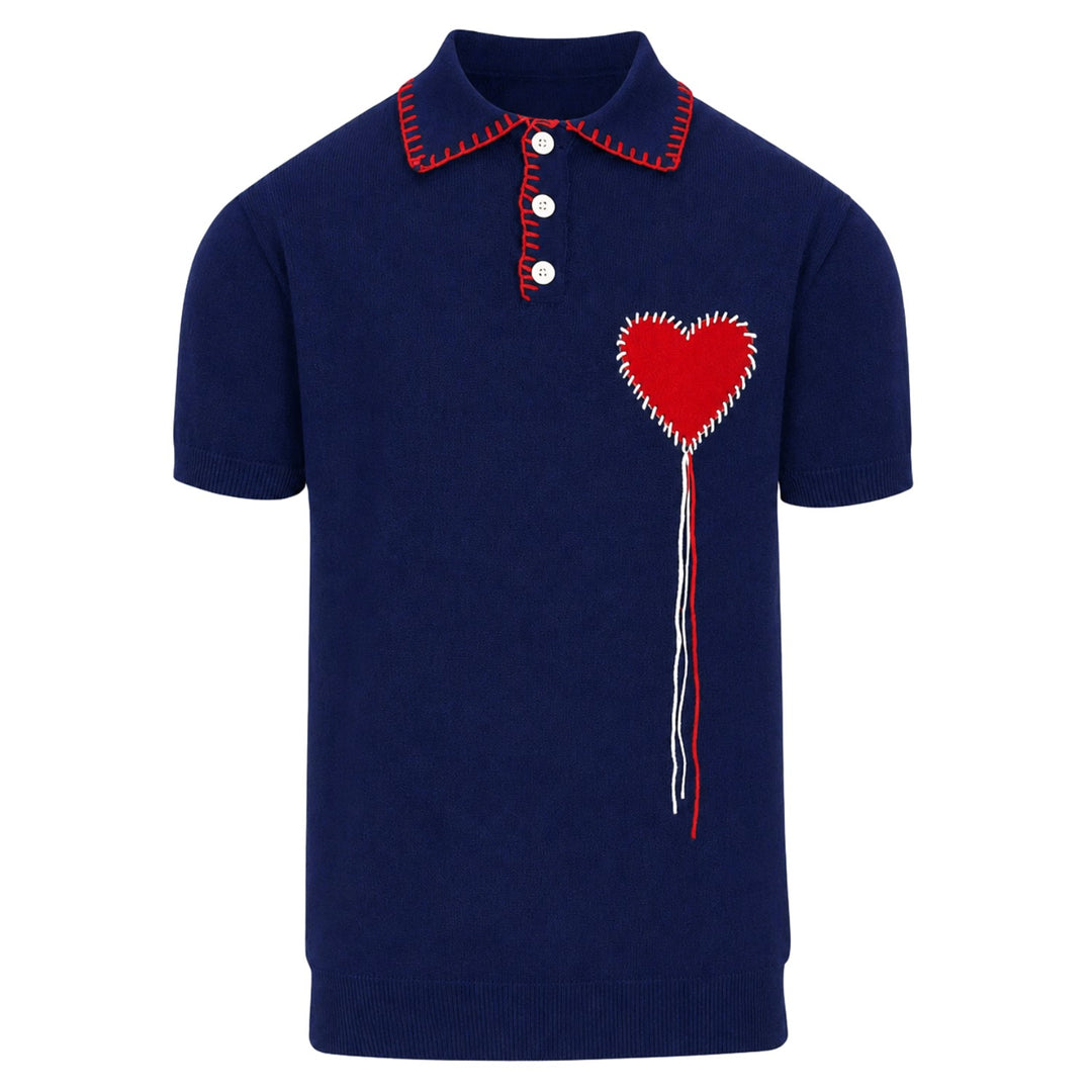 Donkerblauw jacquardgebreid T-shirt voor heren