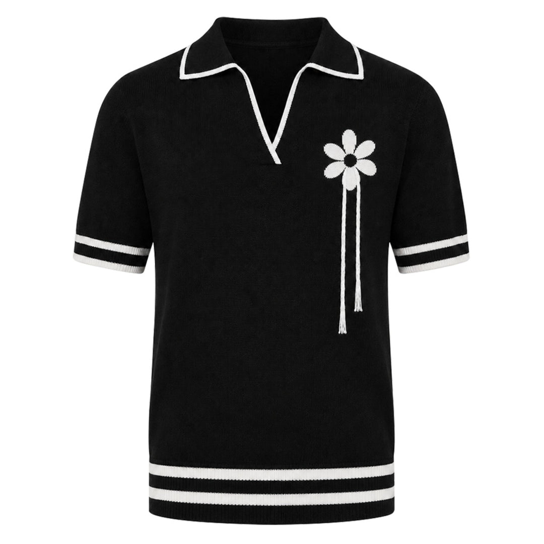 Men’s Black Minimal Floral Accent Knit Polo Collar T-Shirt
