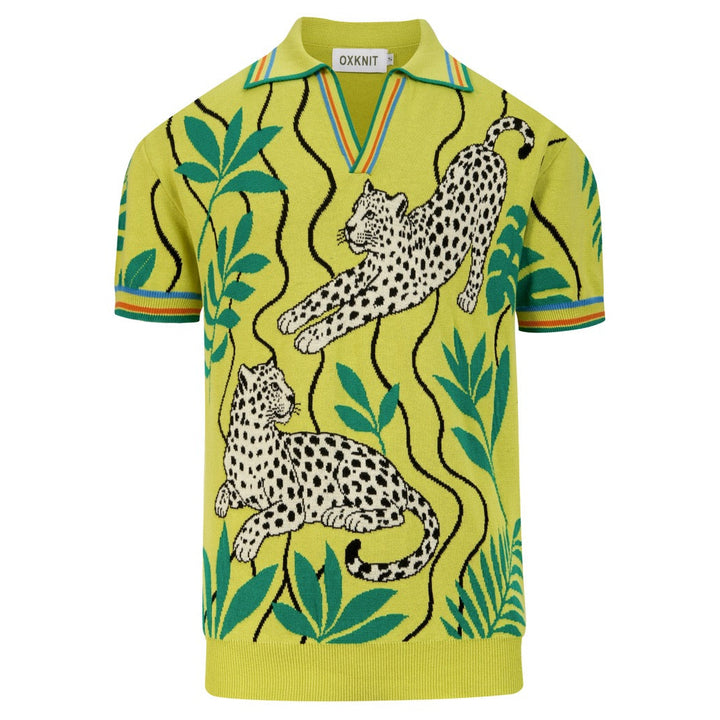 Herren Grünes 70er Tropical Vacation Style Strick-Poloshirt
