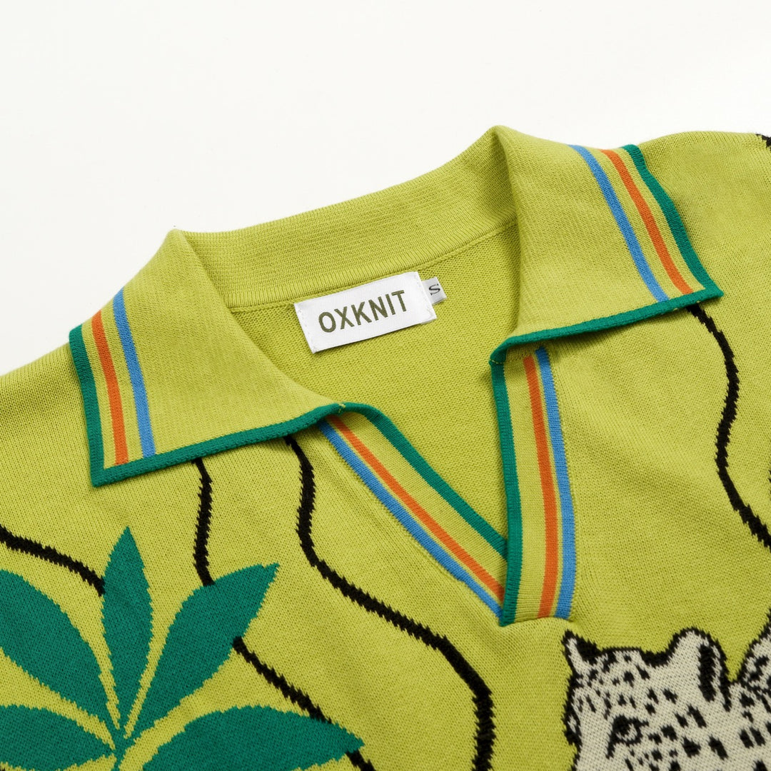 Herren Grünes 70er Tropical Vacation Style Strick-Poloshirt