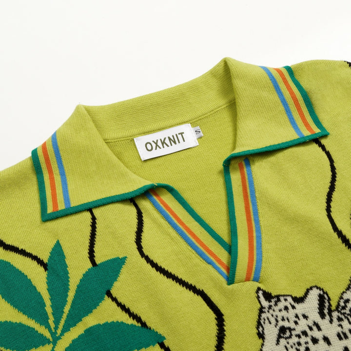 Herren Grünes 70er Tropical Vacation Style Strick-Poloshirt